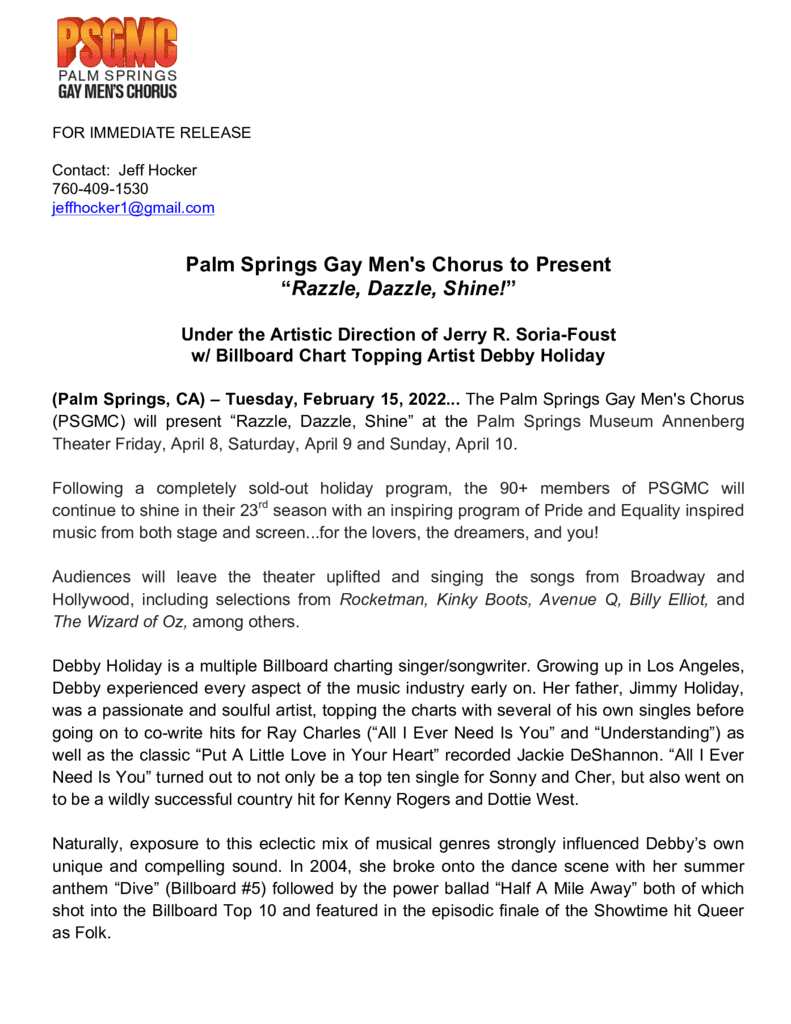 Press Releases Psgmc Palm Springs Gay Men S Chorus