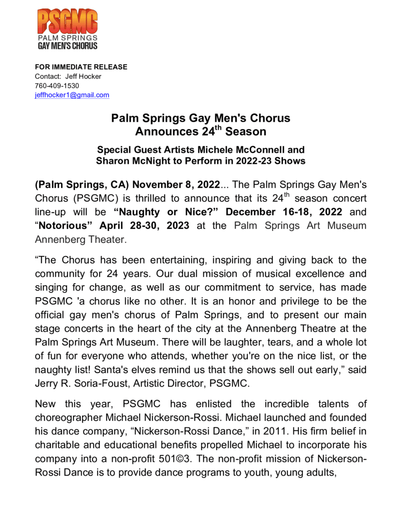 Press Releases Psgmc Palm Springs Gay Men S Chorus